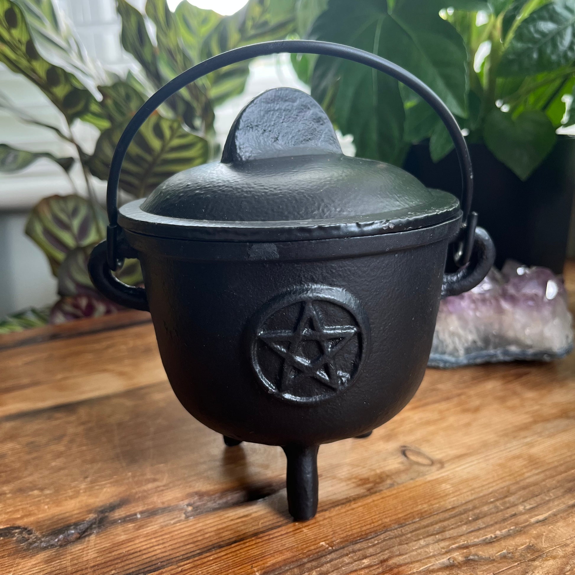 Black cast iron cauldron with pentagram design on a wooden surface with plants in the background