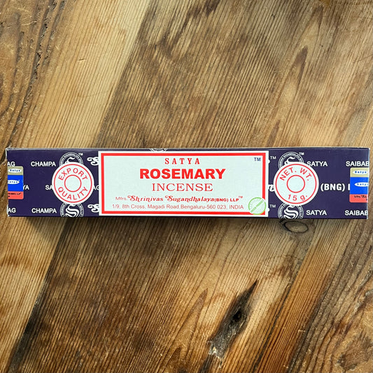 Box of Satya Rosemary incense on a wooden surface