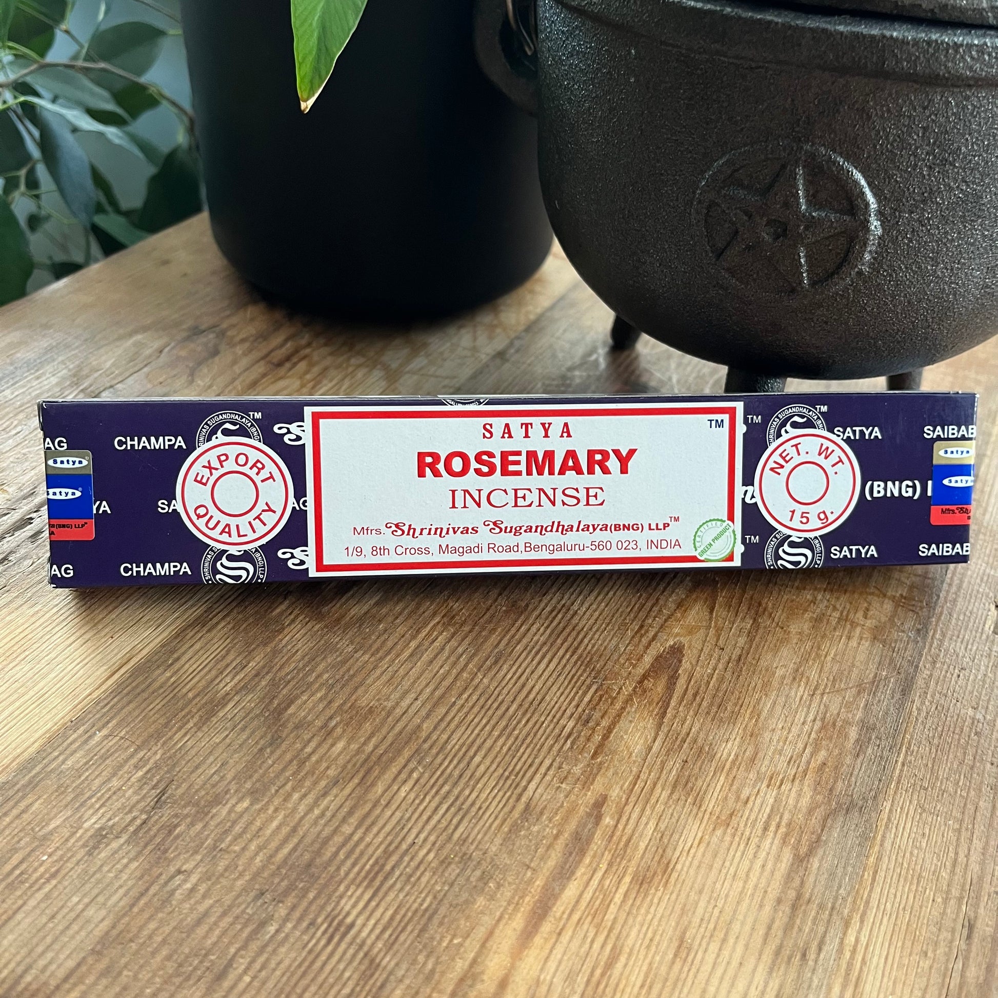 Box of Satya Rosemary incense on a wooden surface