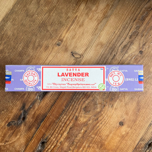 Box of Satya Lavender Incense on a wooden surface 