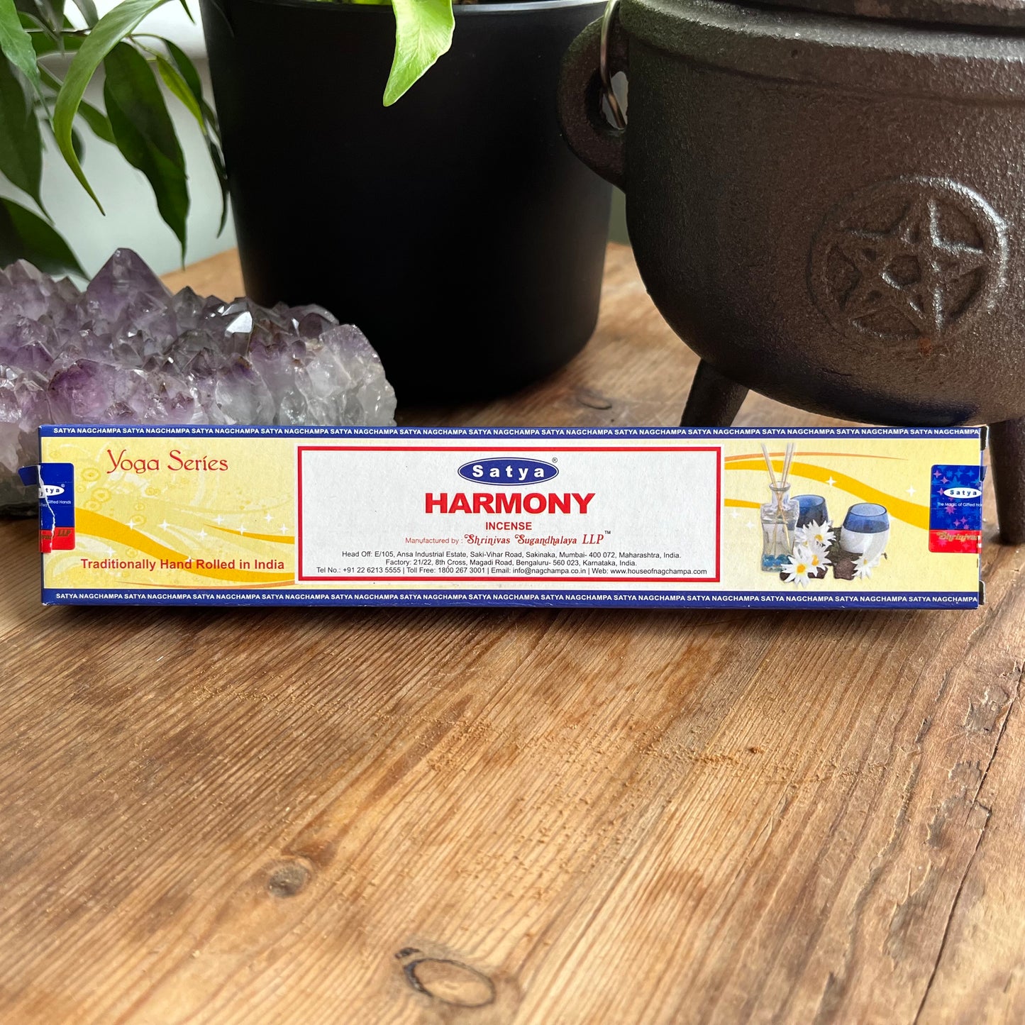 A box of Satya Harmony incense from the Yoga Series, containing essential oil incense sticks for meditation and relaxation.