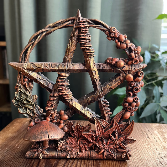 A rustic pentacle altar plaque featuring a carved five-point star with vines, acorns, leaves, a mushroom, and small flowers, displayed on a wooden table with a blurred indoor background.