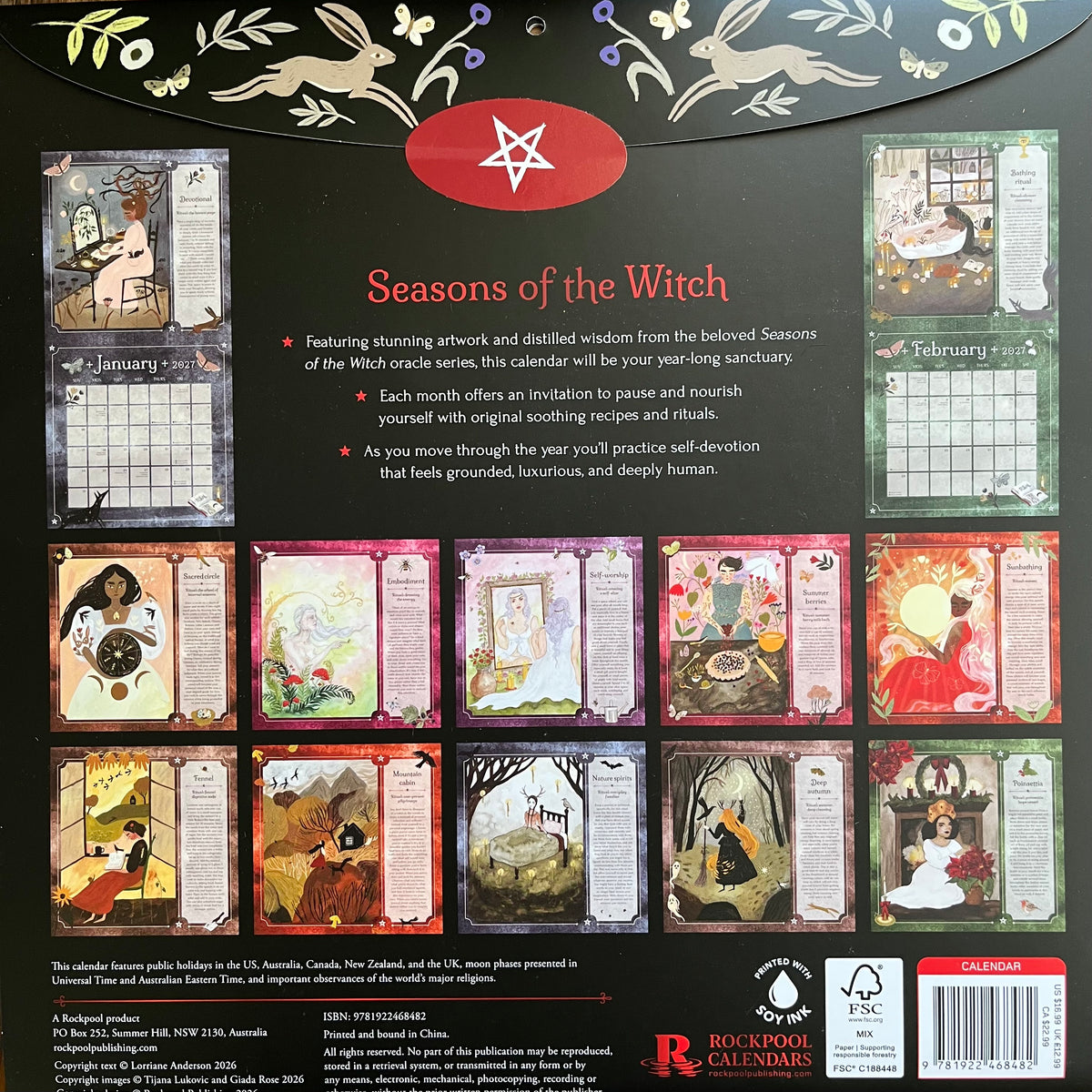 Back cover of a 'Seasons of the Witch' 12-month calendar, featuring a black background decorated with white line art of a stag, a rabbit, a wolf, and a pentagram. The cover displays previews of the illustrated monthly cards and a red circular logo at the top center.