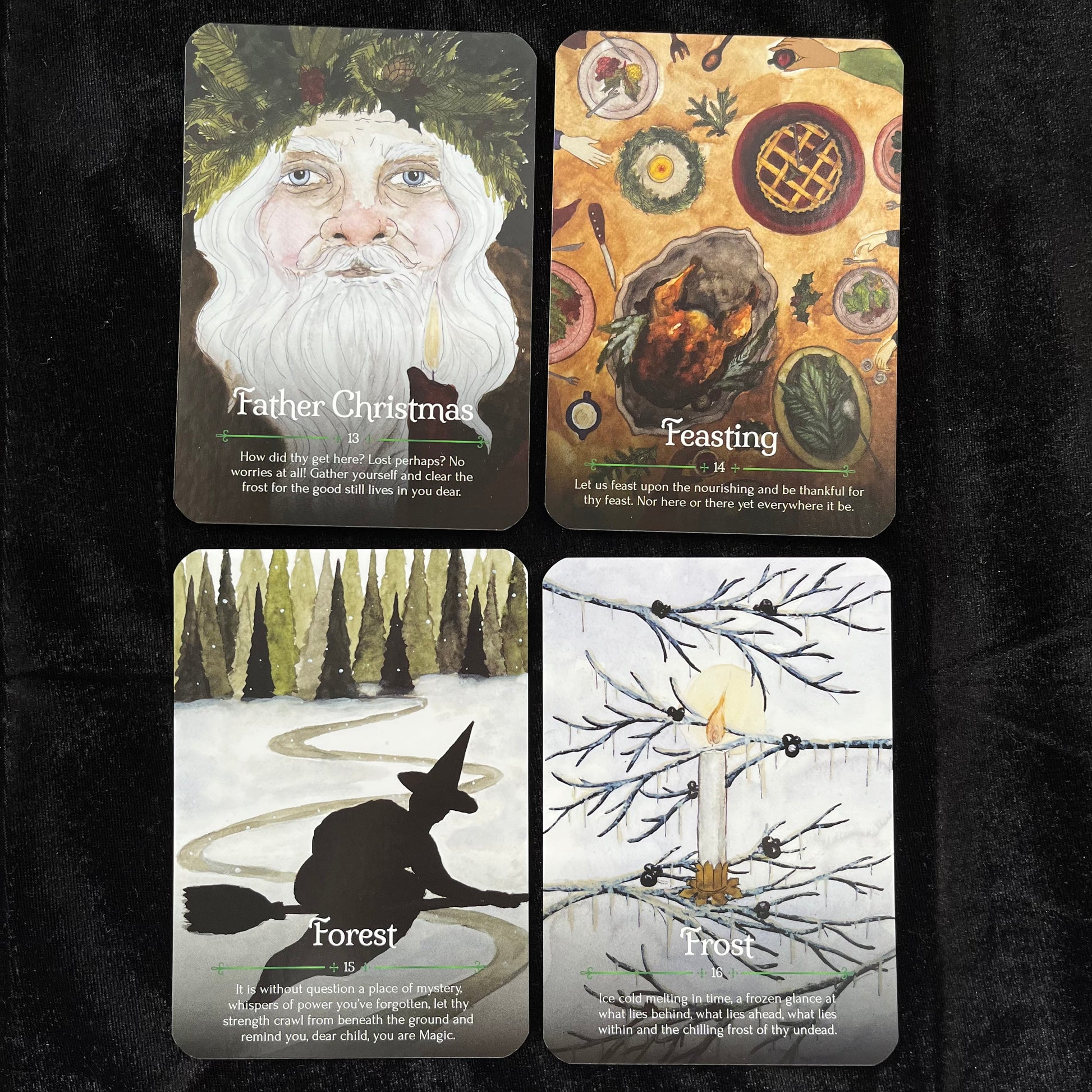 Four cards with festive illustrations and text on a dark background
