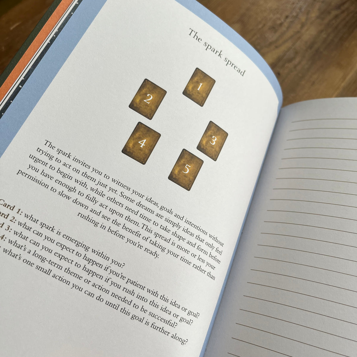An open book showing a printed page titled 'The spark spread' with numbered boxes and text, photographed on a wooden surface.