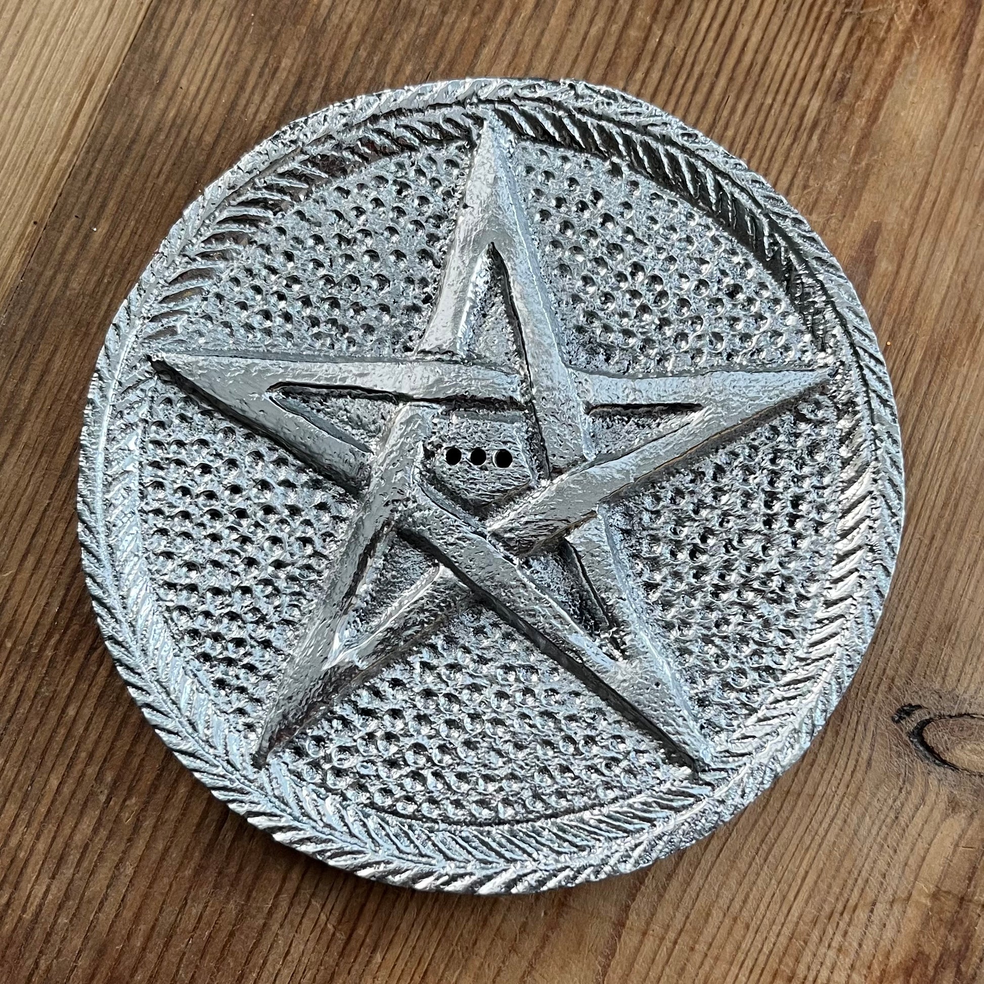 Silver plate for holding multiple incense sticks with pentagram design 