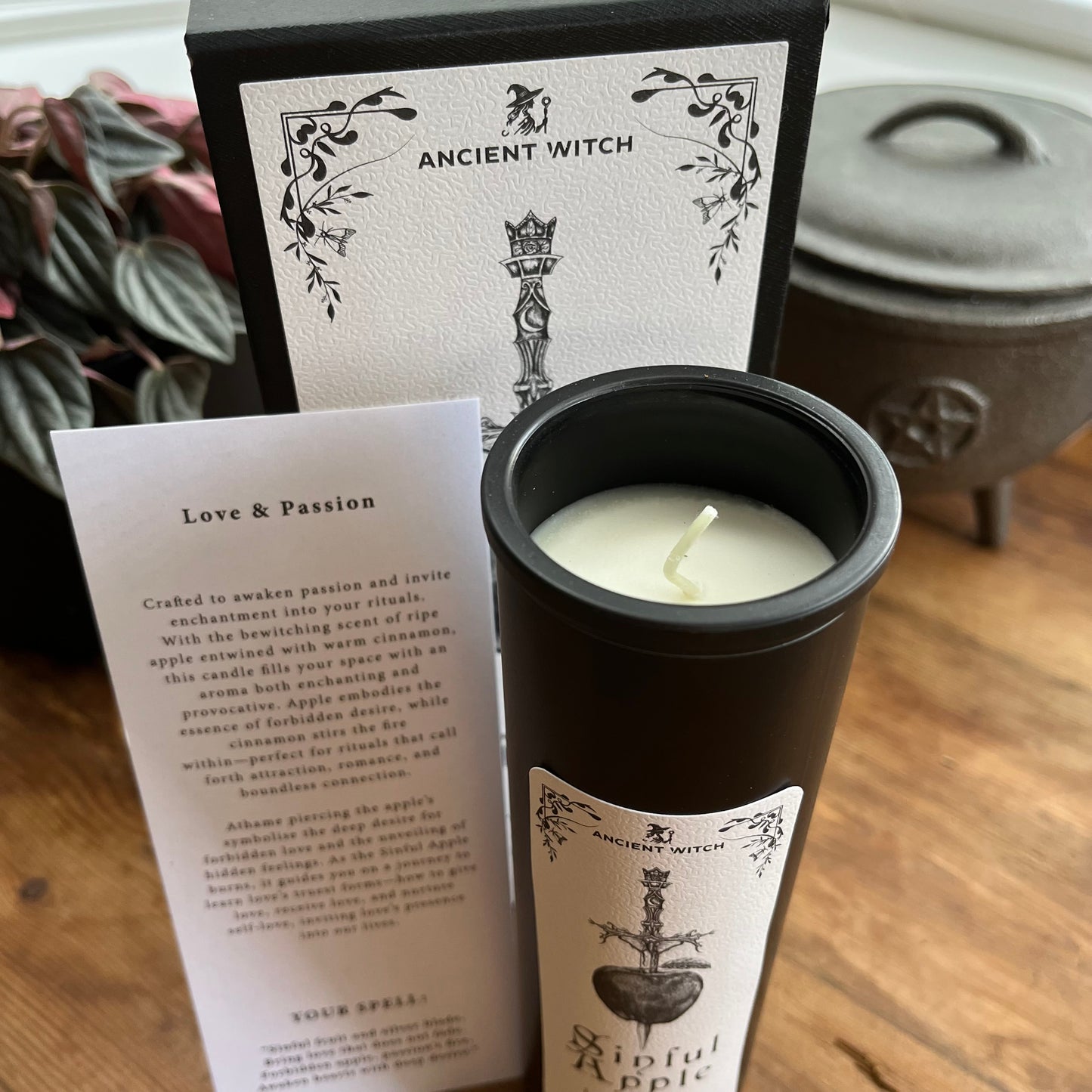 A black glass jar candle with white wax and a cream label reading 'Ancient Witch' and 'Ritual Fire' is shown beside a printed card and its matching black-and-cream box on a wooden surface.