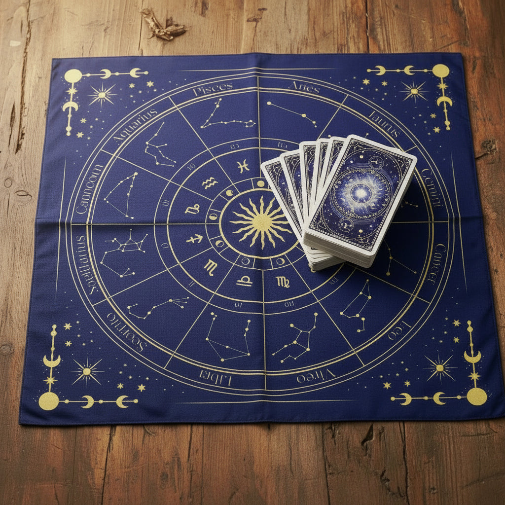 Dark Blue Tarot reading cloth with Gold zodiac design 