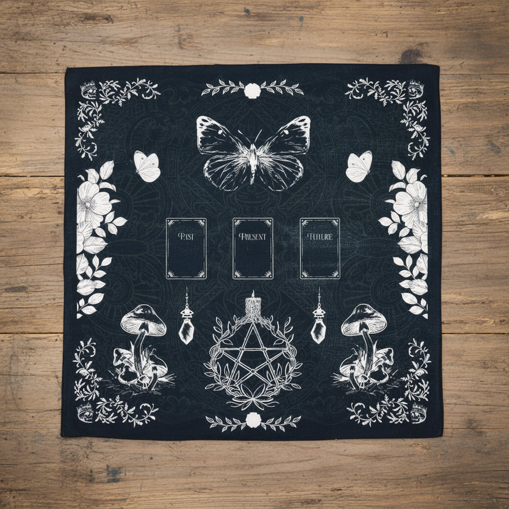 Black Tarot reading cloth with white illustrations of a butterfly, mushrooms, and a pentacle design.