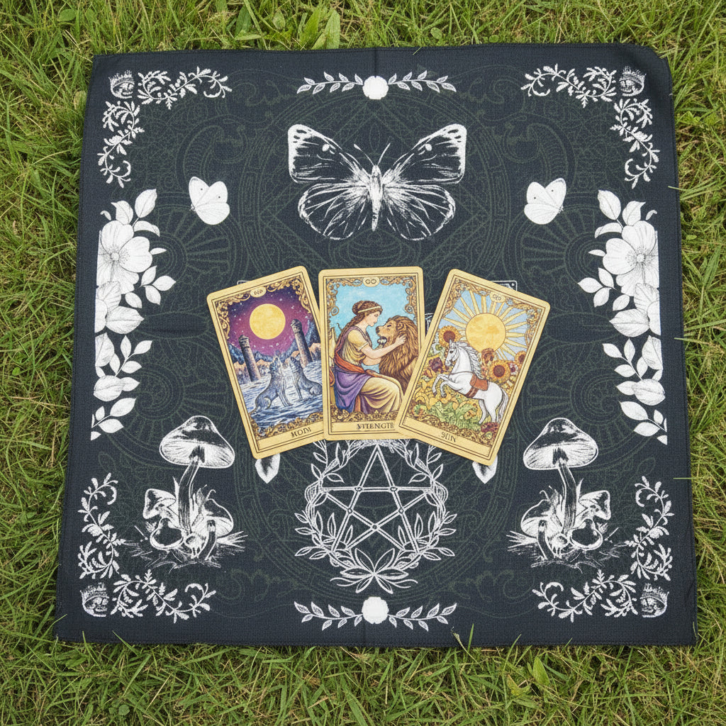 Black Tarot reading cloth with white illustrations of a butterfly, mushrooms, and a pentacle design on grass with Tarot cards