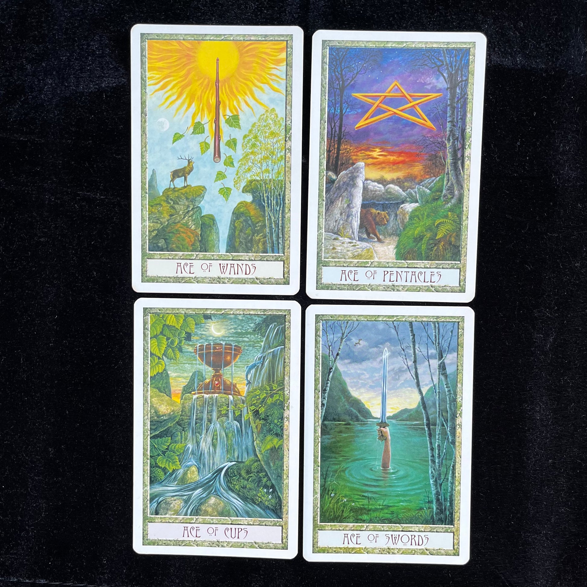 Four tarot cards with nature-themed illustrations on a black background