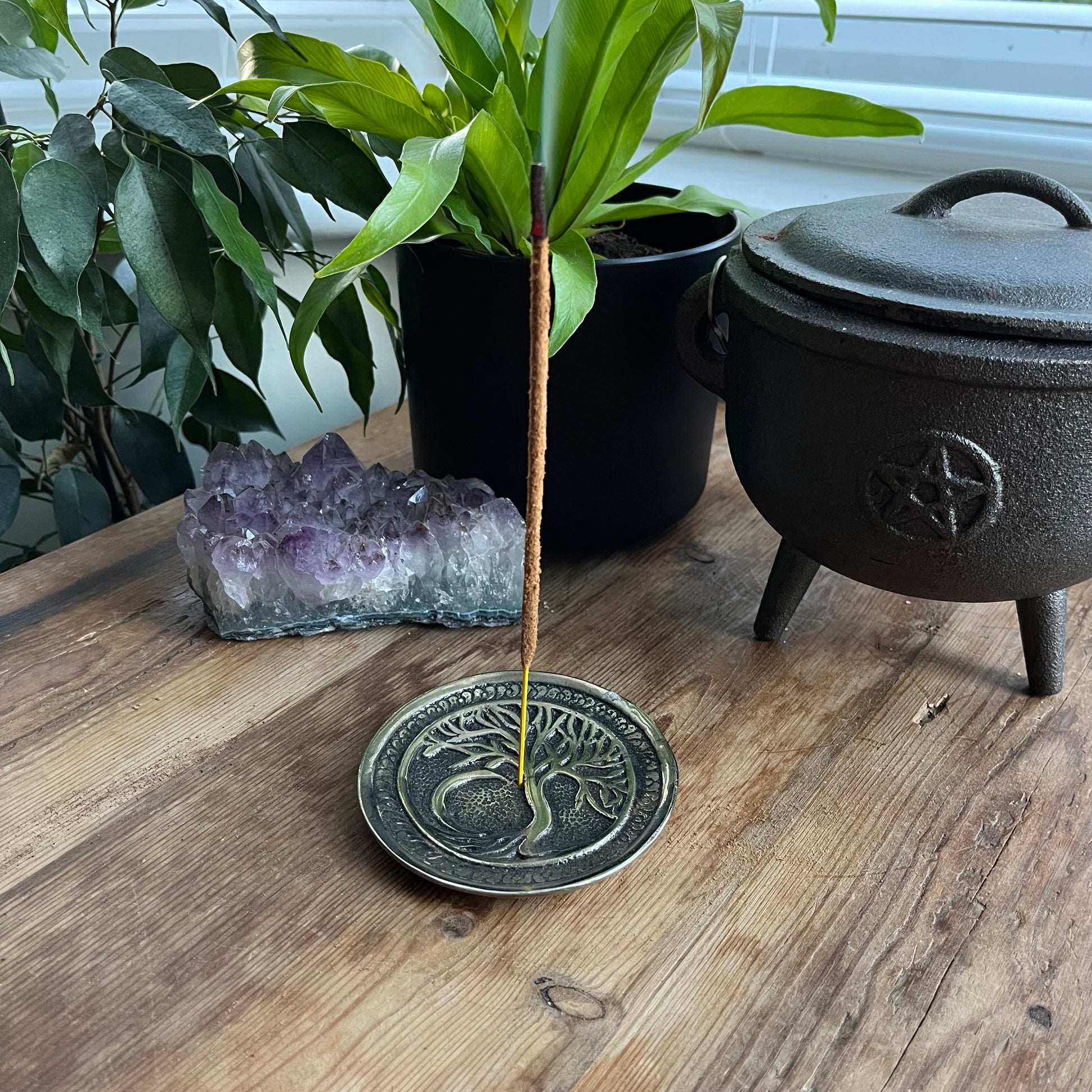 Tree & Moon Aluminium Incense Holder Plate with a hole in the centre for the incense stick