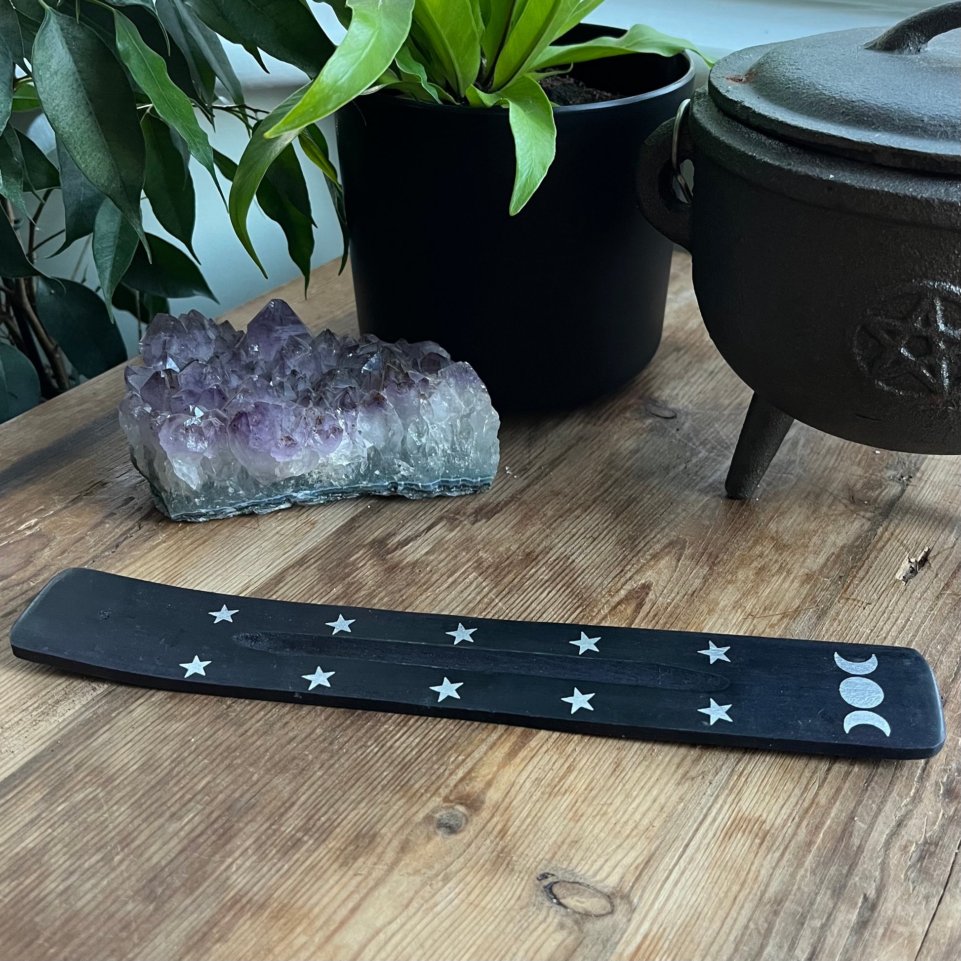 Triple moon wooden incense ash catcher (Black) features a printed triple moon design accented by silver stars.