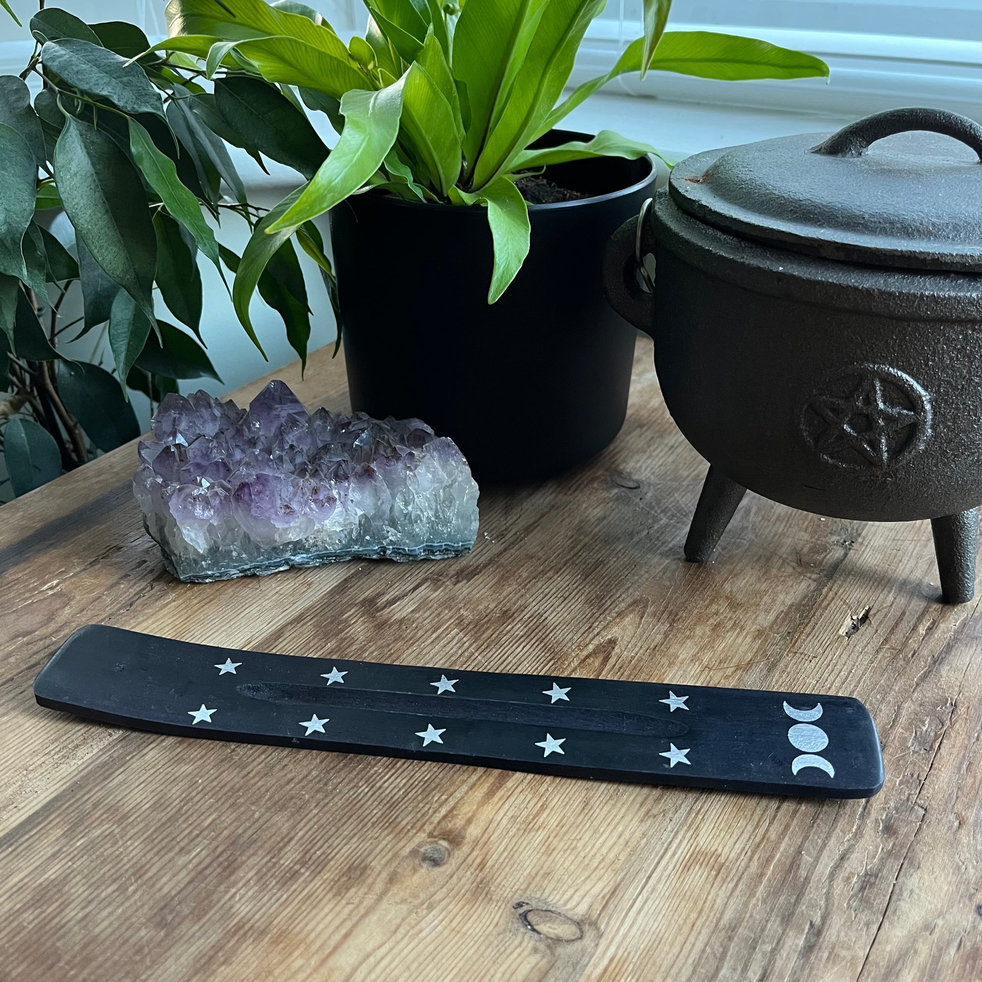 Triple moon wooden incense ash catcher (Black) features a printed triple moon design accented by silver stars.