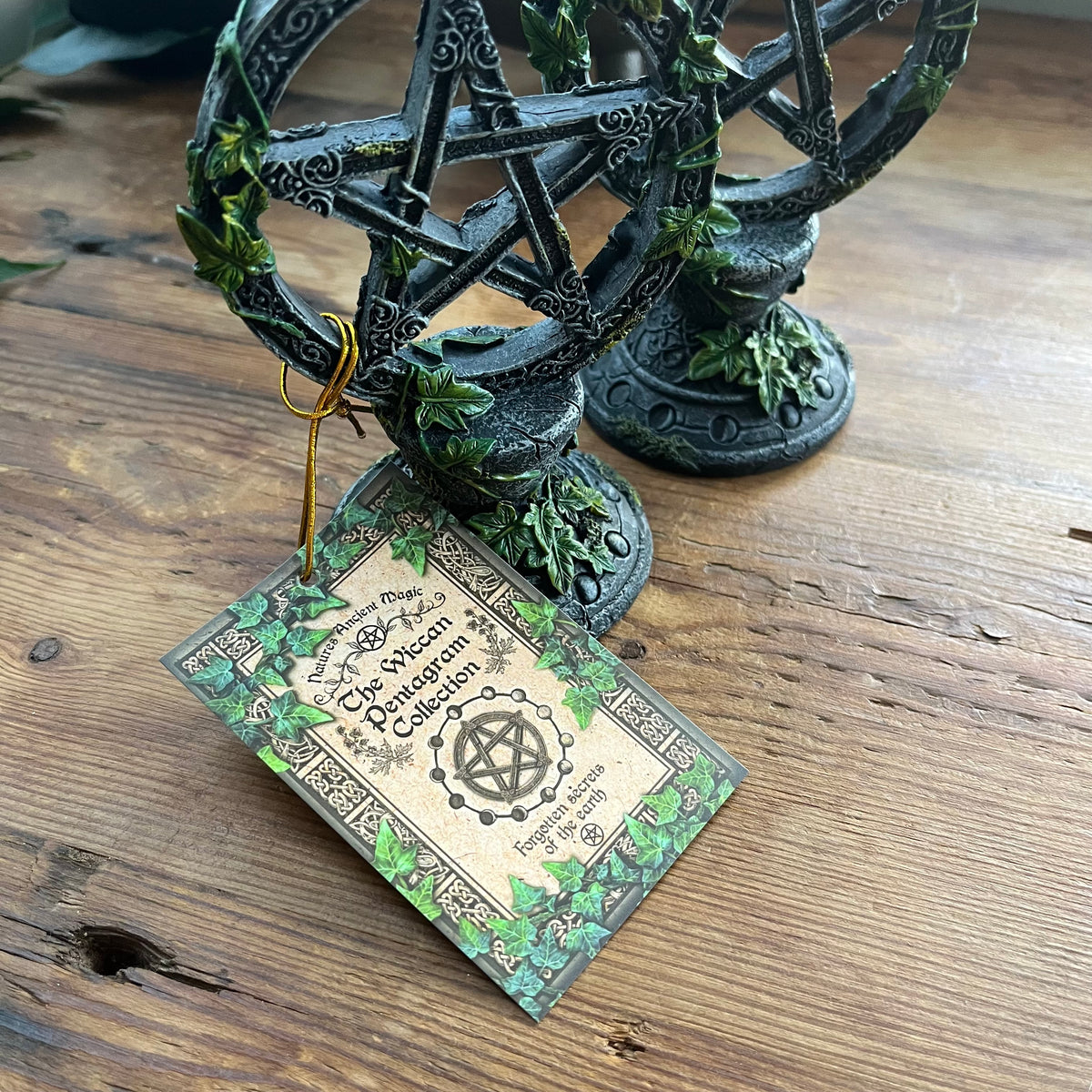A black pentacle set with green ivy accents and a hanging tag reading 'The Wiccan Companion Collection' on a rustic wooden surface.