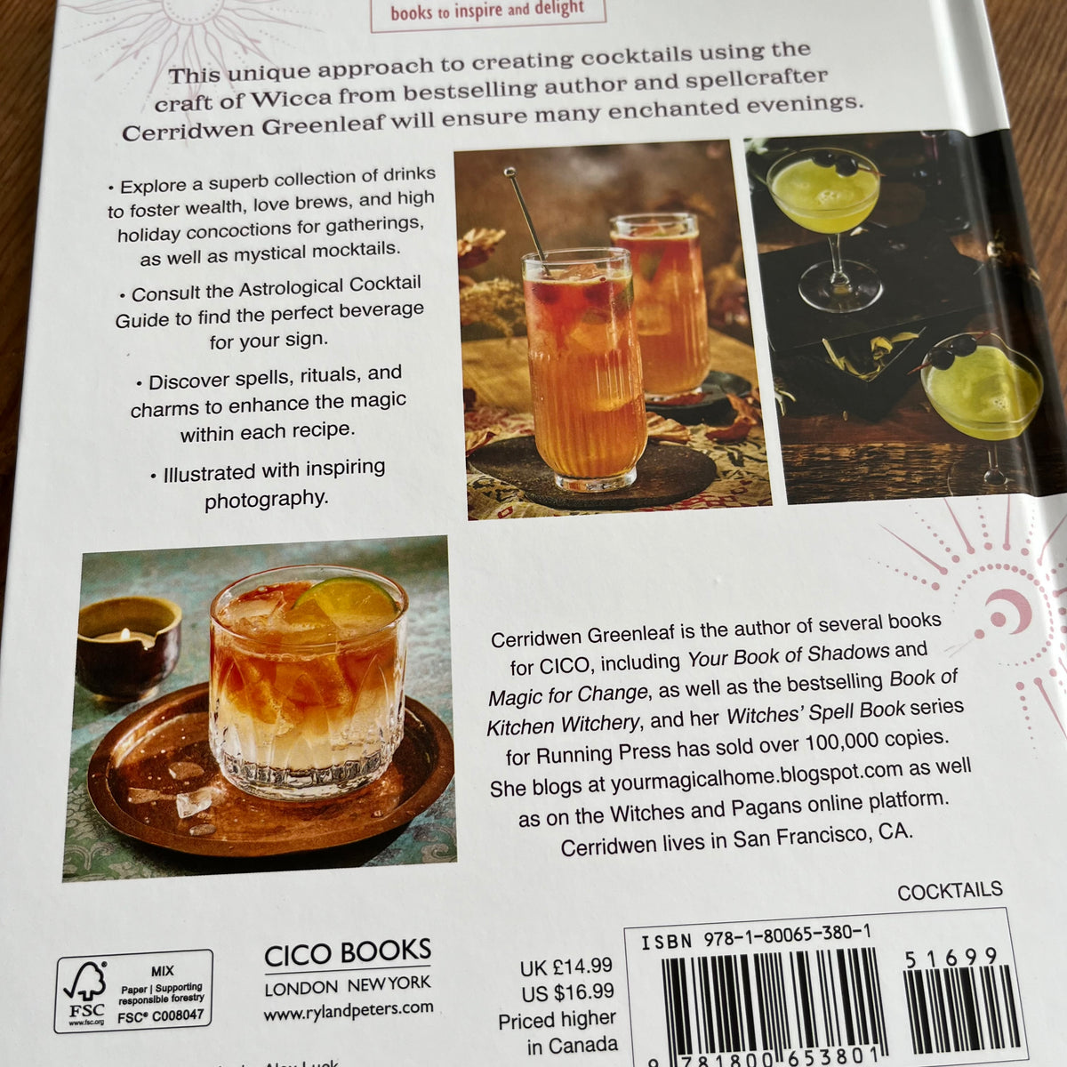 Back cover of a CICO Books cocktail guide book titled 'Cocktails' by Cerridwen Greenleaf, featuring a dark background with text, product photos of cocktails, and a barcode.