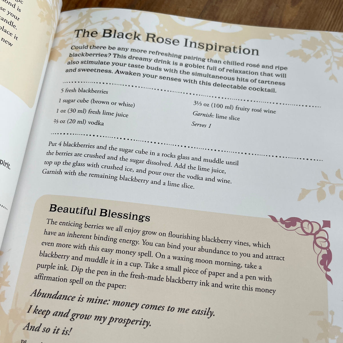 A close-up of an open book or notebook page showing a recipe titled 'The Black Rose Inspiration' with text about making a berry drink, alongside decorative red border elements and the heading 'Beautiful Blessings.'.