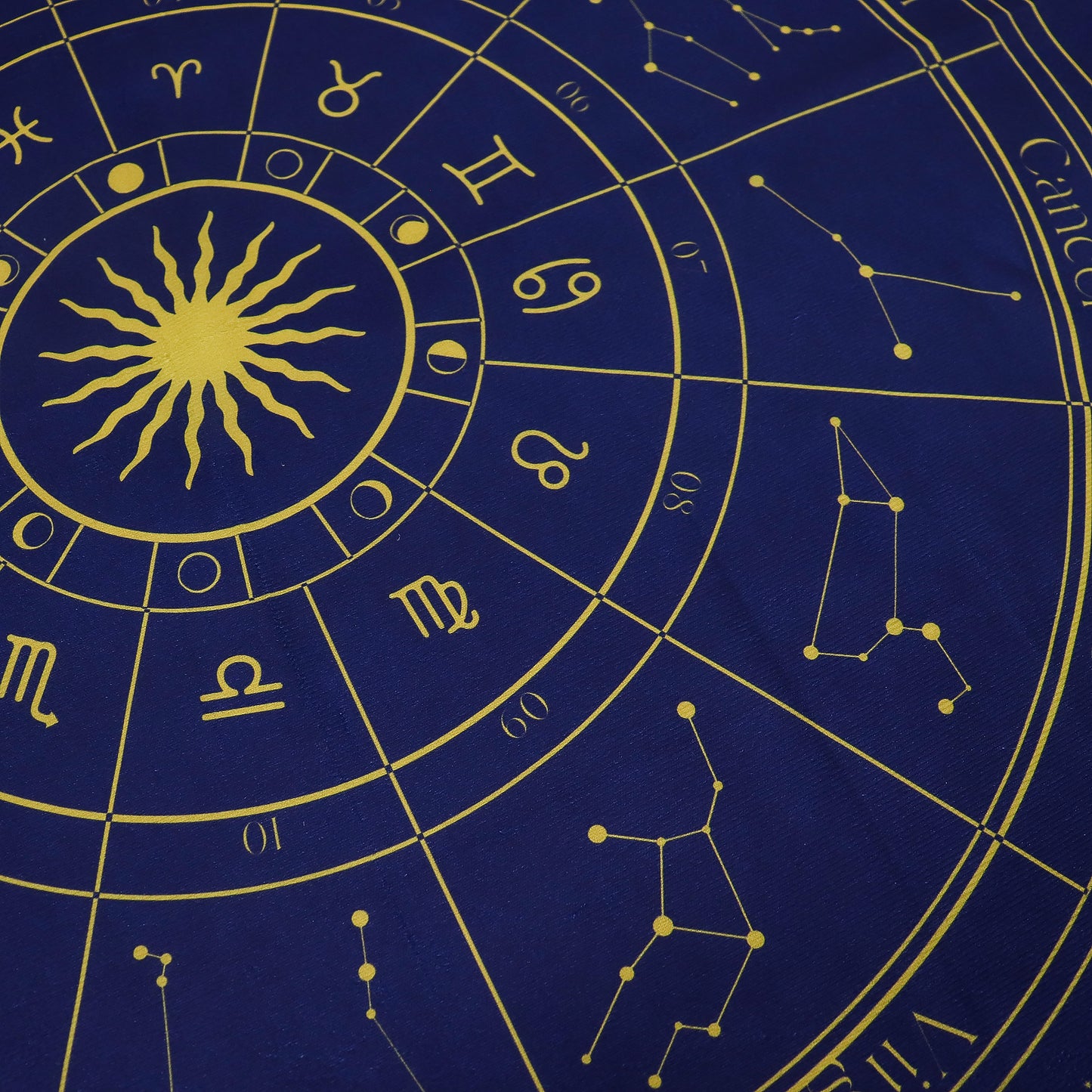 Zodiac symbols and celestial design on a blue background