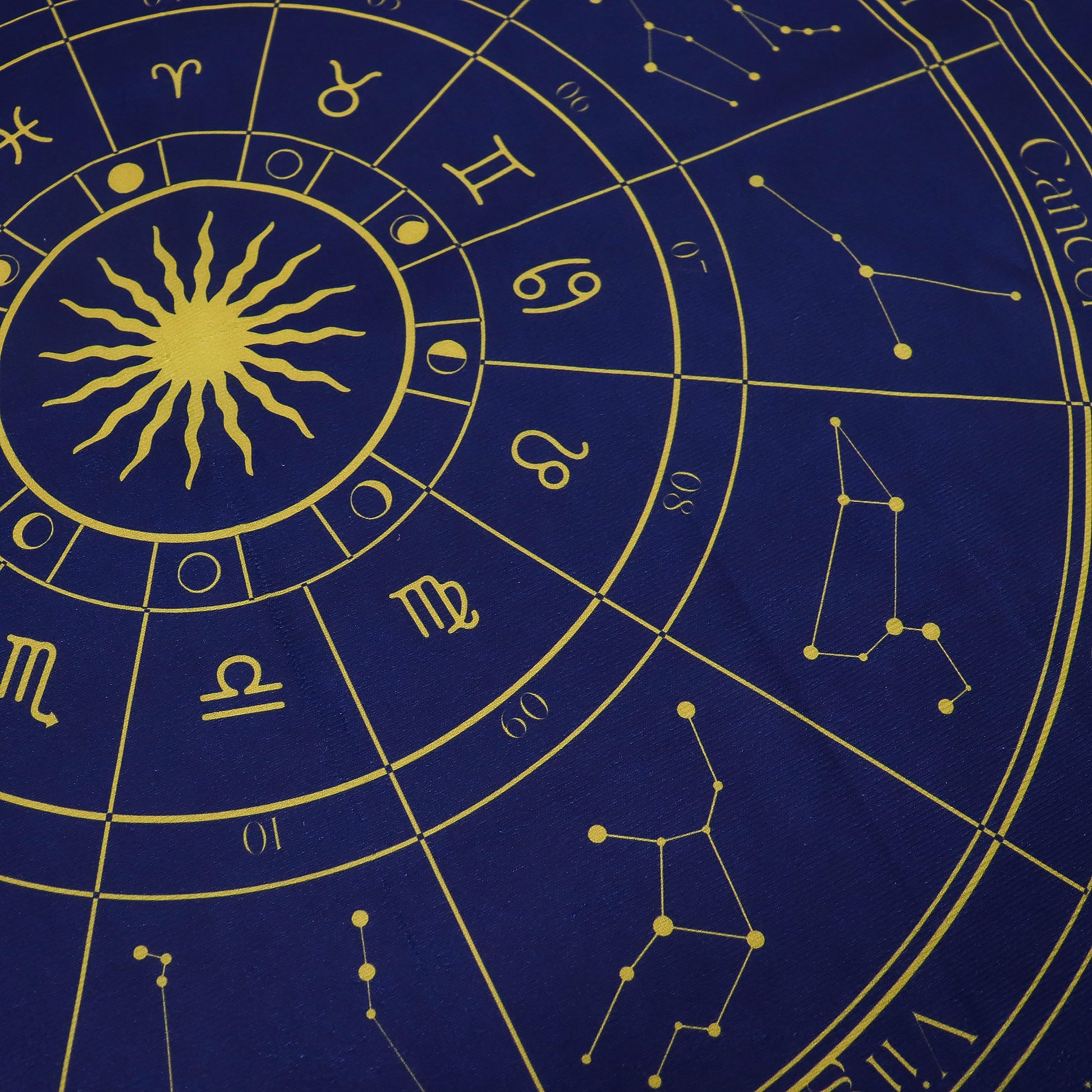 Zodiac symbols and celestial design on a blue background