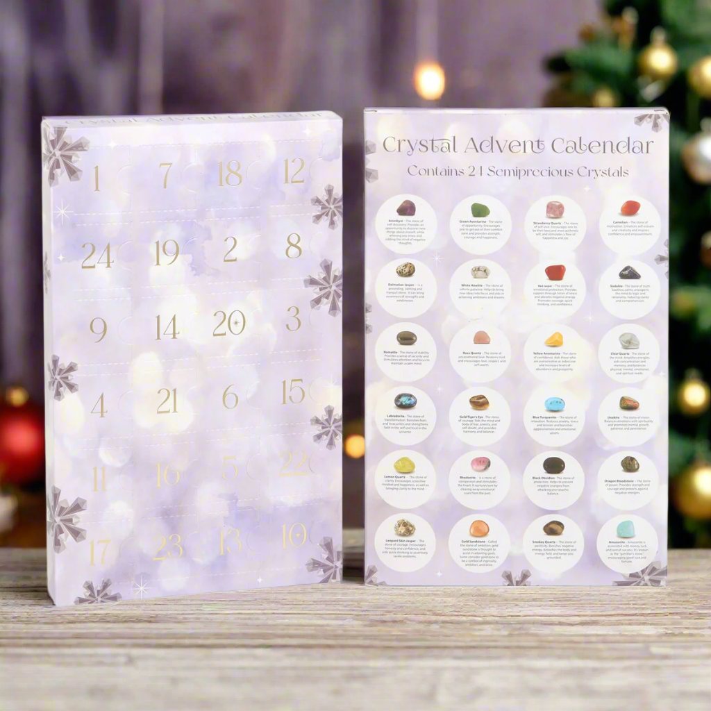 Two pale Lilac cardboard advent calendars with 2one is facing us and we can see 24 numbered doors. The second is the reverse of the calender and it shows images of the 24 crystals contained inside. They are centre of an AI generated image of a christmas scene. 