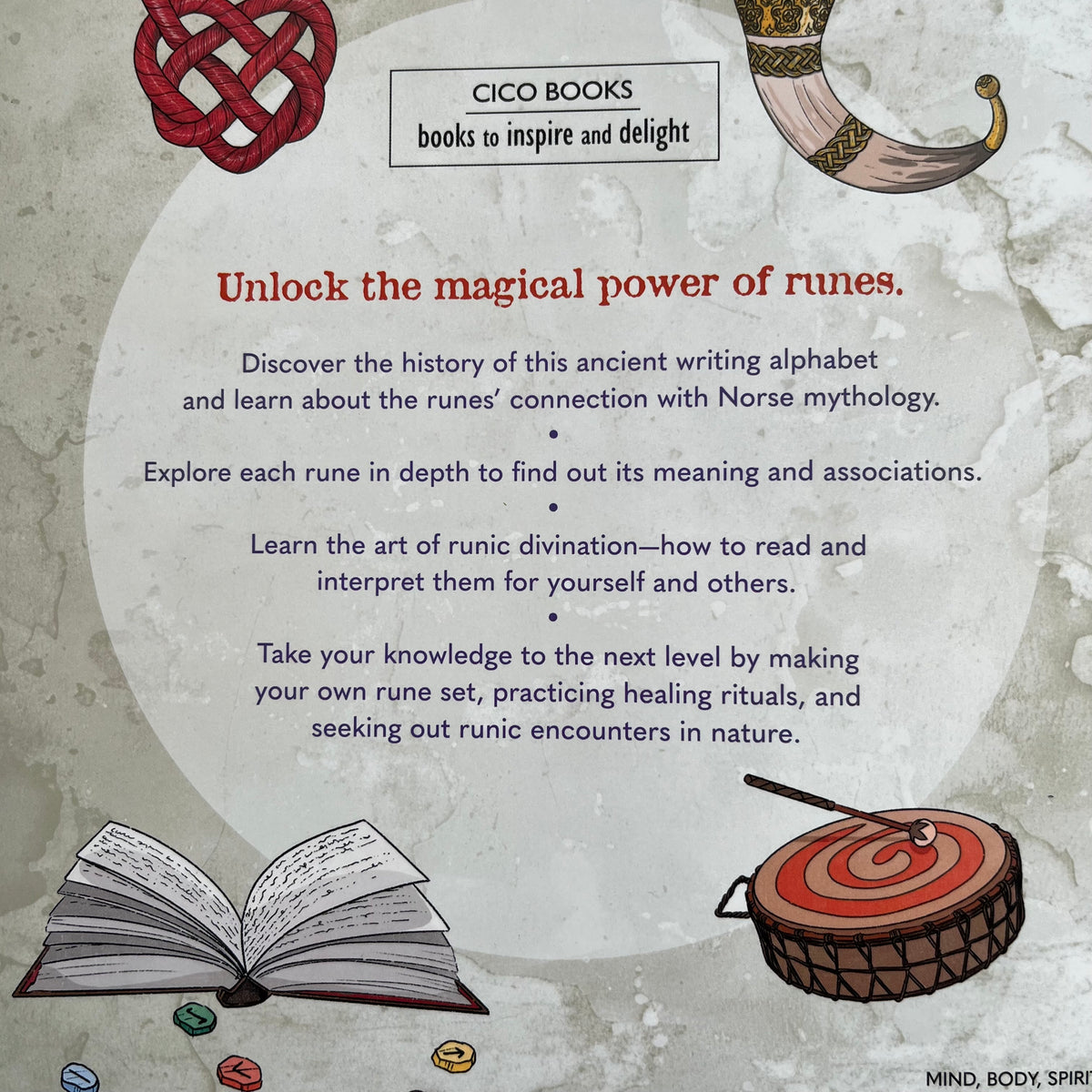 Back cover of a book 'Unlock the magical power of runes' by Cico Books, featuring Norse-themed illustrations including a red knot, a horned head, an open book, and a drum on a textured gray background.
