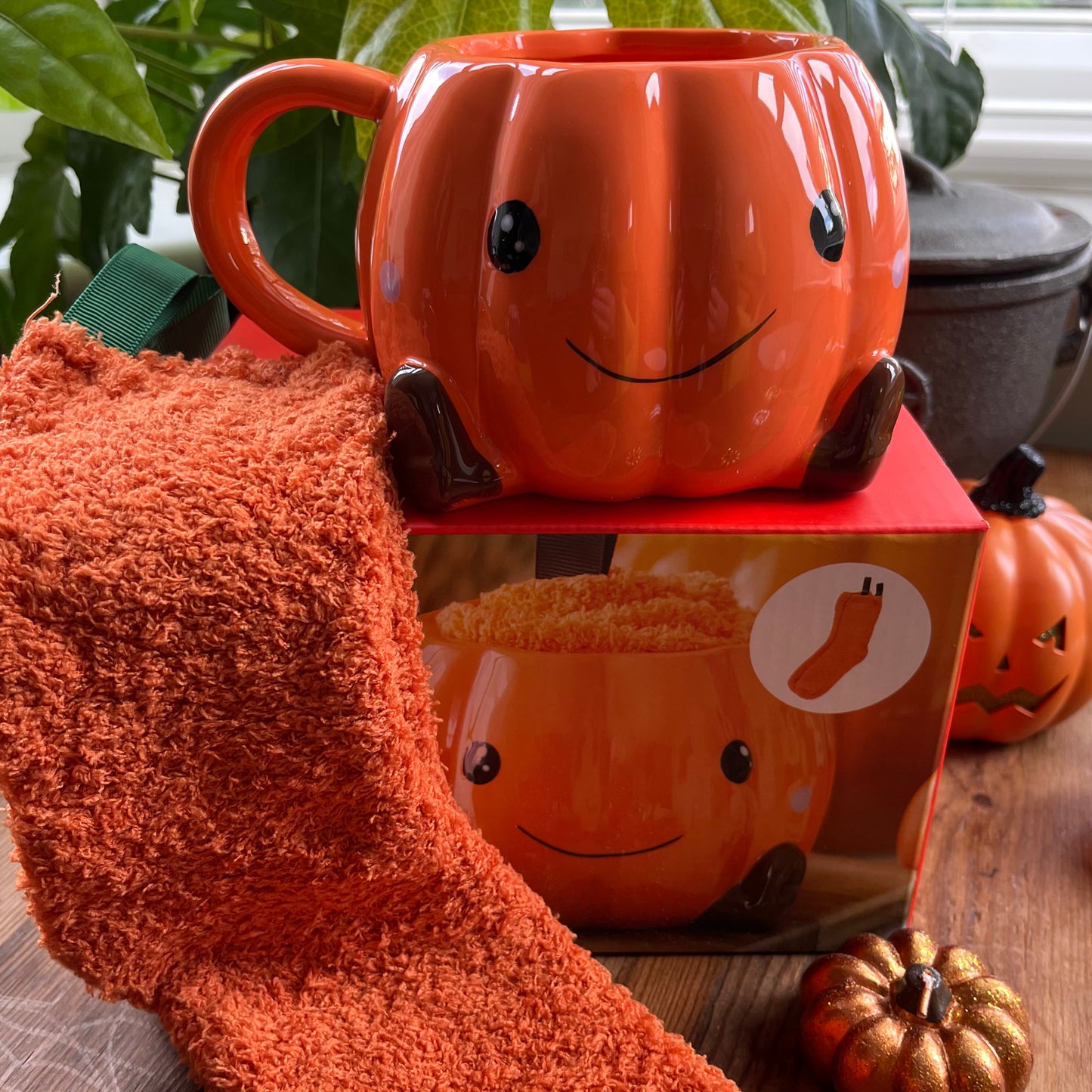 Pumpkin-shaped mug with a matching sock on a wooden surface with pumpkins and plants.