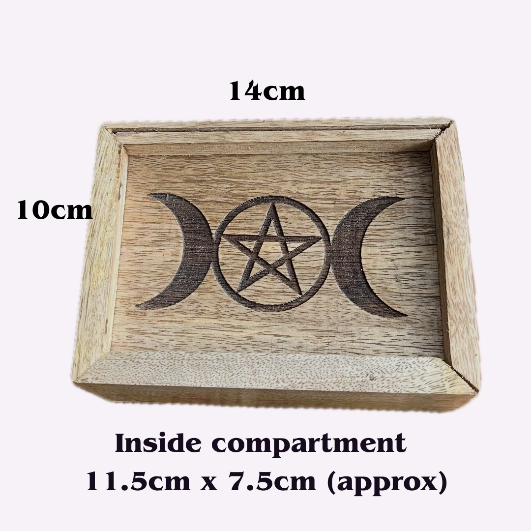 A rectangular wooden box with a triple moon and pentagram design engraved on the inside, shown with dimension labels of 14cm, 10cm, and compartment measurements of 11.5cm x 7.