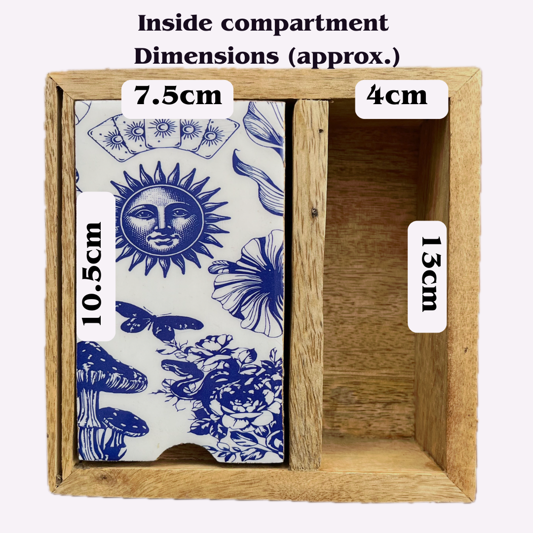 A wooden compartment box with printed dimensions labeled for its interior: 7.5cm width, 10.