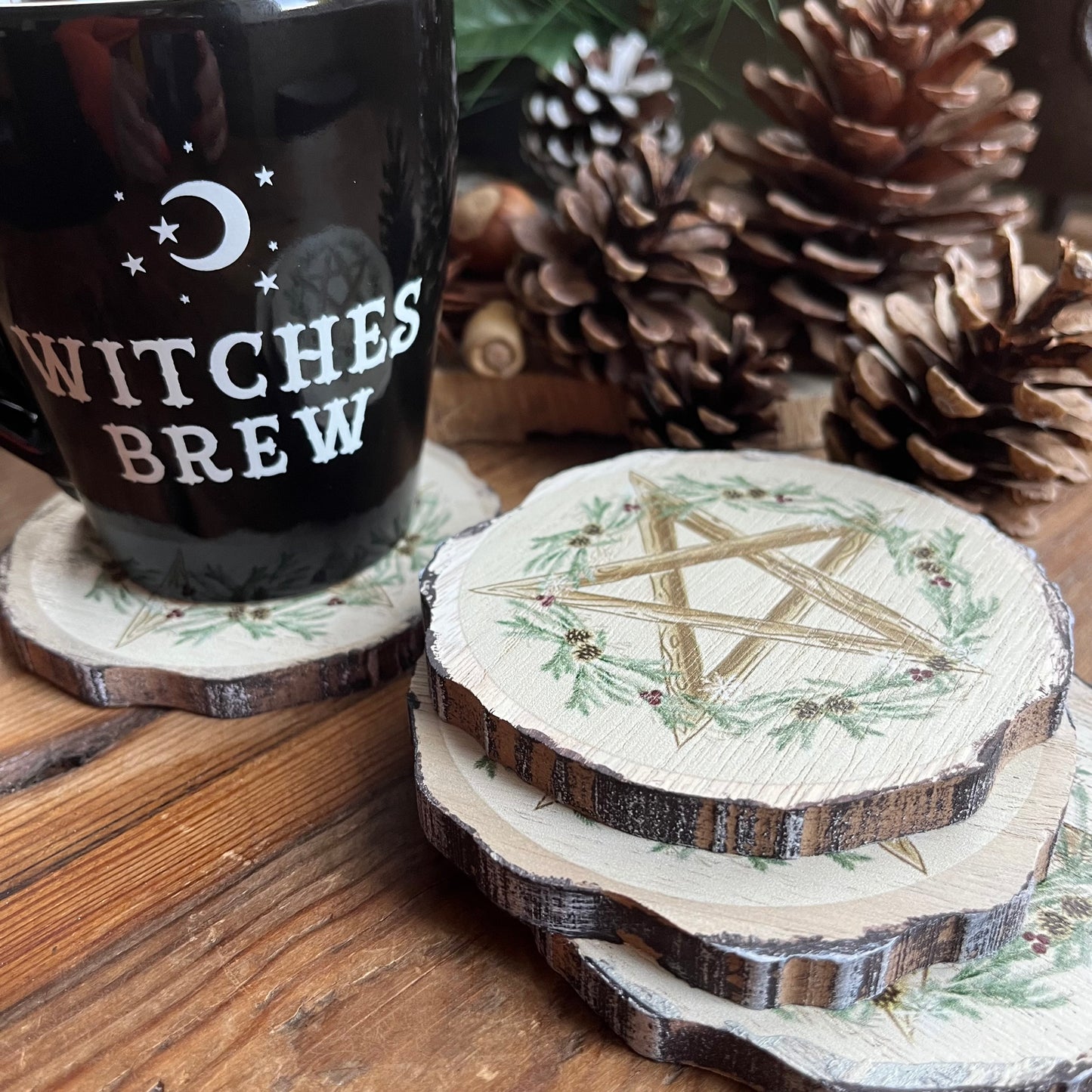 Winter Solstice Wood Slice Coaster Set